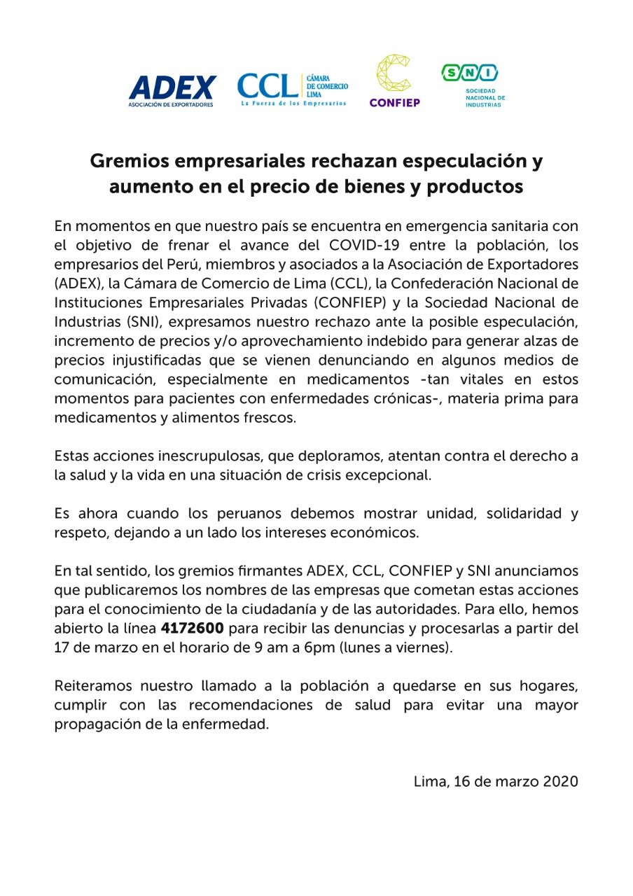 gremios empresariales rechazan especulación y alza de precios